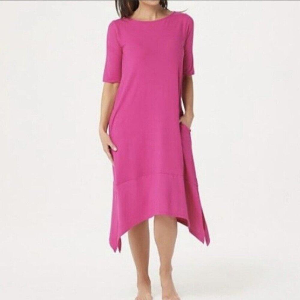 Cuddl Duds Flexwear Elbow Sleeve Dress w/Overlay Detail in Pink size Large